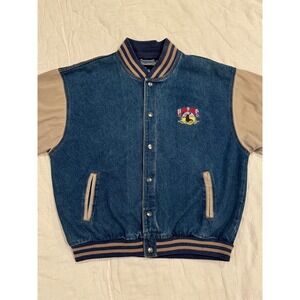 Tri-Mountain Union Pacific Railroad Denim Varsity Jacket Blue Tan Mens XL
